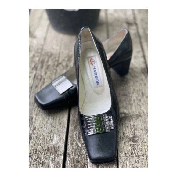 Vintage HARSON Pumps Square Toe Chunk Heel Black Metallic Sz 35.5 - Picture 2 of 13